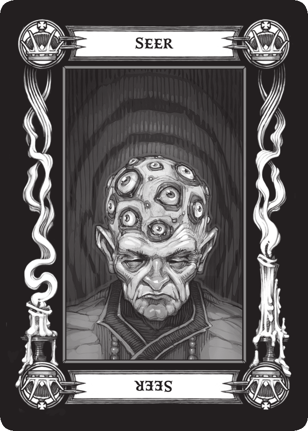 Een kaart van een kaartenspel die je niet herkent. Op de kaart staat een oude man met zijn ogen gesloten, maar op zijn kale kop een veeltal bovennatuurlijke ogen die wijd open in alle richtingen uit staren. De denotatie van de kaart is Kroon - Ziener.